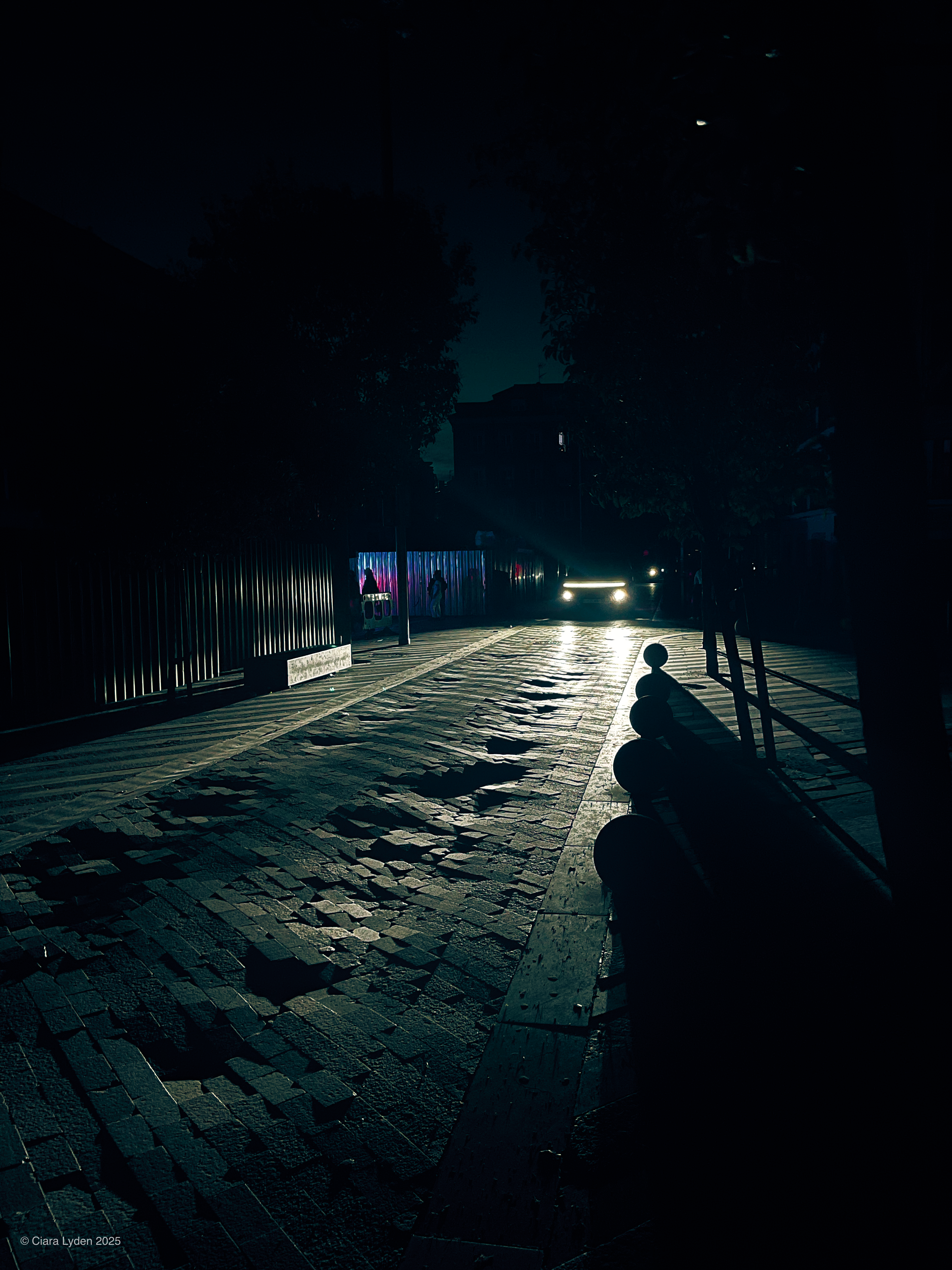 A single-carriage cobblestone street at night. A single set of car headlights in the distance casts a long beam of light along the cobblestones. Trees and bollards line the right side. Everything outside the headlight beam is in deep shadow. The headlights catch the reflective metal of the fencing on the left at low level, making patterns between the vertical lines of the fence and the bricks in the ground.