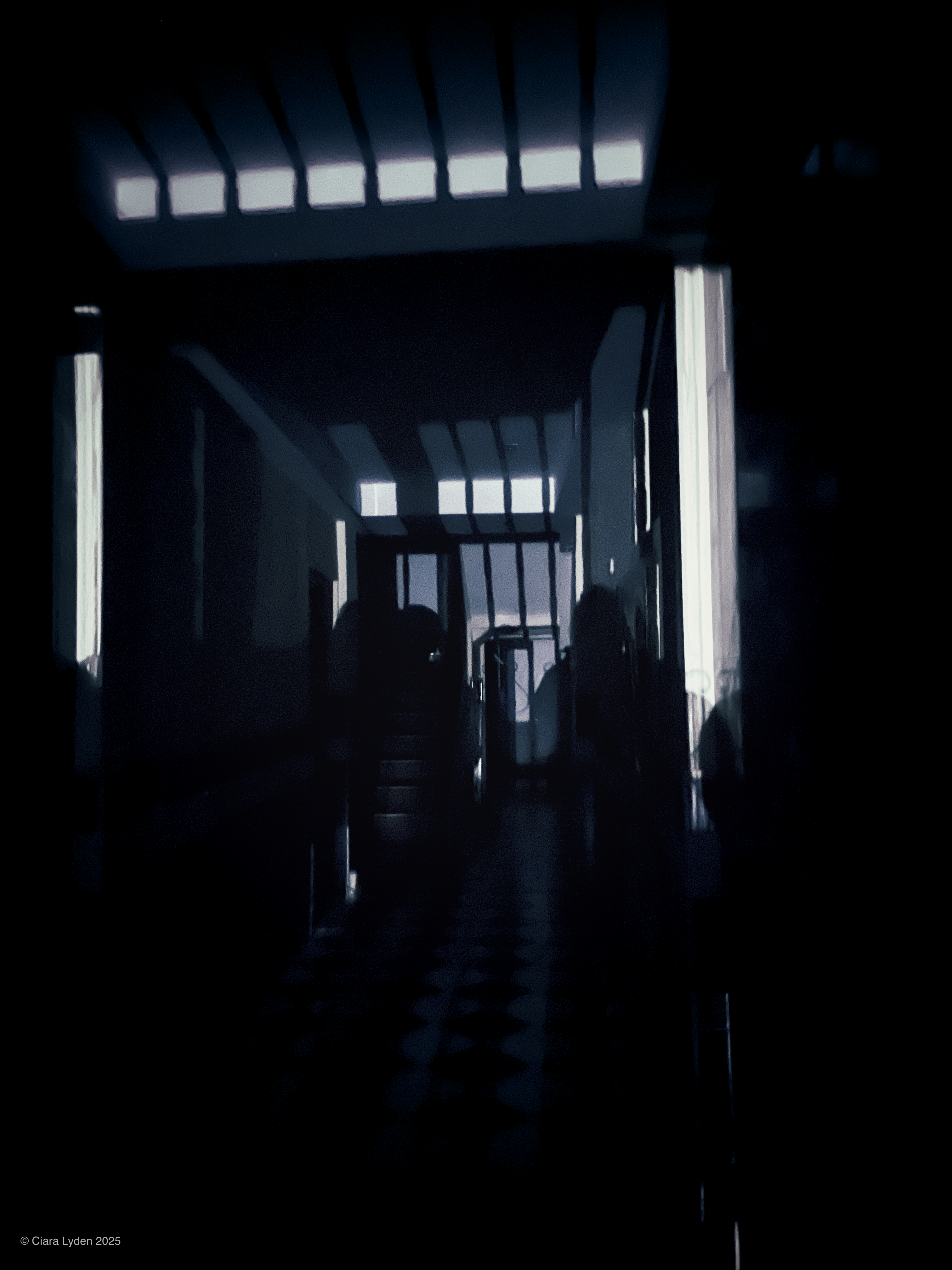 The interior of a dim Madrid building hallway. Light enters through a row of small skylights at the top of the frame and through a tall window at the far end. Two figures are silhouetted in the middle distance. The floor is patterned tile.