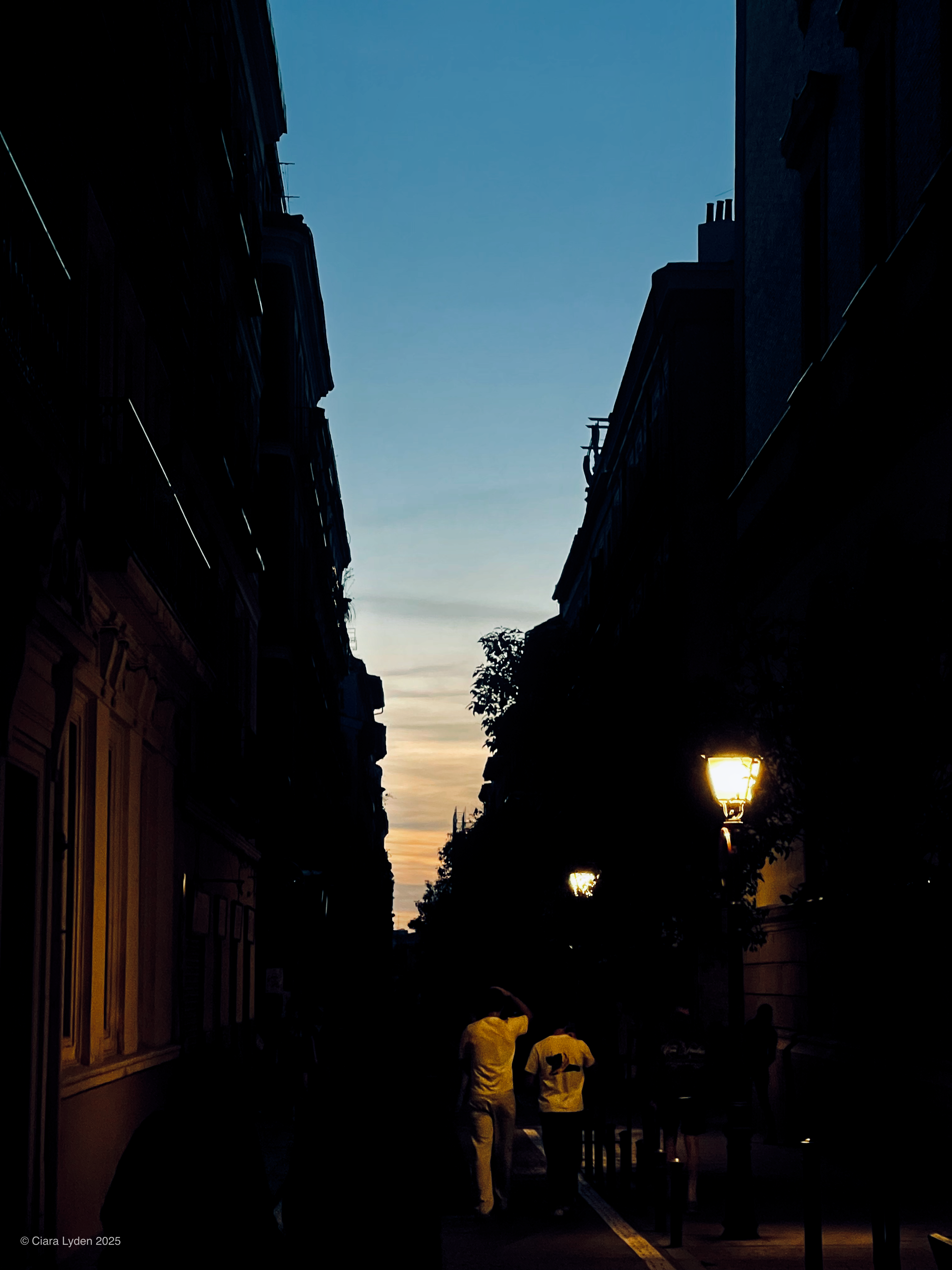 A narrow Madrid street at sunset. Two figures walk away from the camera down the centre of the street, backlit by a streetlamp on the right that glows warm yellow. The sky at the end of the street fades from orange to blue. None of the windows in the surrounding buildings are illuminated; the domestic and street light appear to be sourced from different electrical reserves.